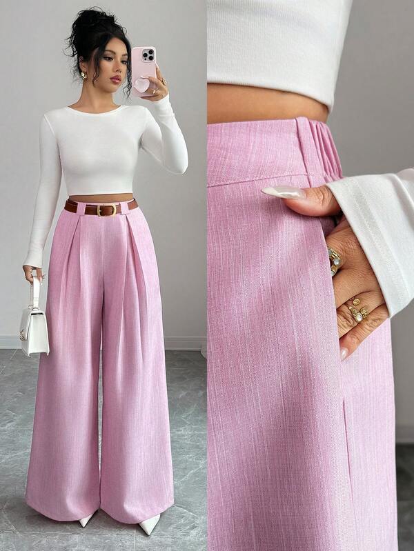 High-Waist Textured Wide-Leg Trousers — Belted Elegance Edit